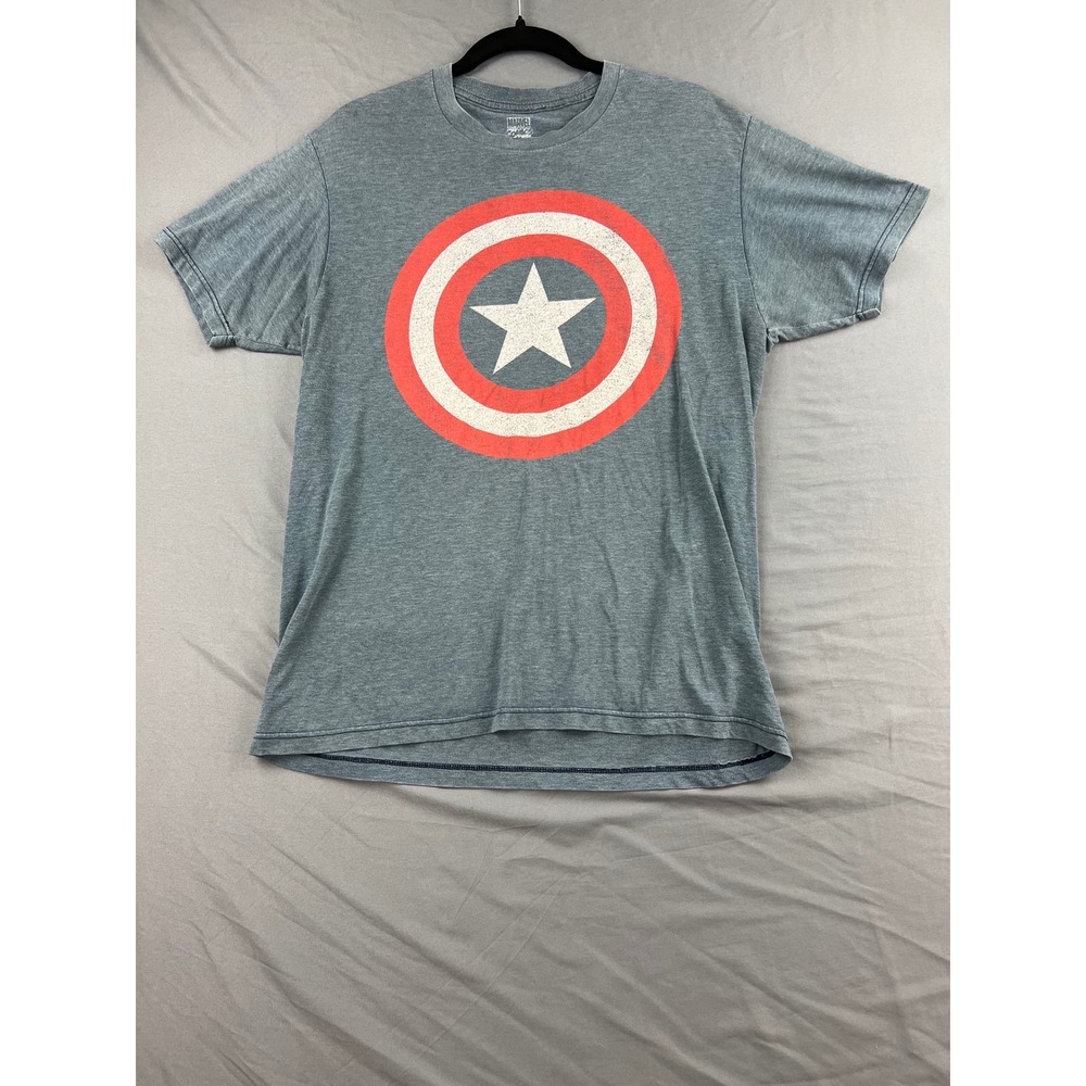 Marvel Captain America T-Shirt Mens Large Shield Graphic Heather Gray Blue Good